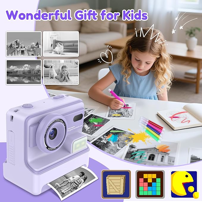 Instant Camera, Instant Print Camera for Kids with 1080P Videos, Front Rear Dual Selfie, 3 Rolls Print Paper & 32GB SD Cards, Christmas Birthday Gifts for Girls Age 3-12-BubblyBeeBaby