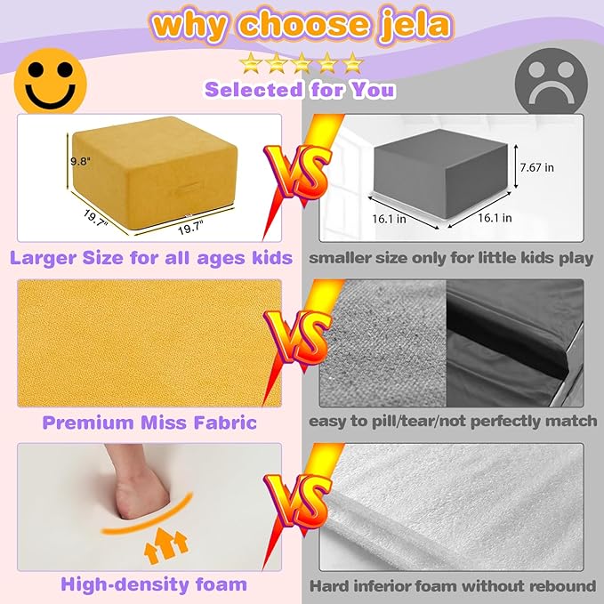 jela Foam Blocks 6Pcs Soft Play Equipment Luxury Miss Fabric, Toddler Climbing Toys Indoor Soft Play Climbing for Toddlers, Lightweight Climbing Blocks for Babies, Kids, Climb and Crawl Foam Playset-BubblyBeeBaby