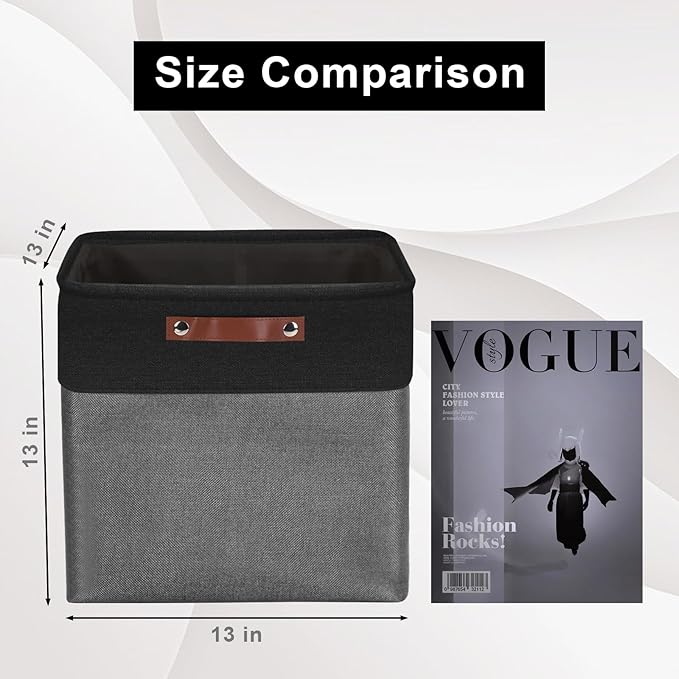 13x13 Cube Storage Bins, Collapsible Fabric Storage Box, 4 Pack Closet Baskets with Handles for Organizing, Shelf, Toys, Clothes, Home, Office, Nursery (Grey&Black)-BubblyBeeBaby