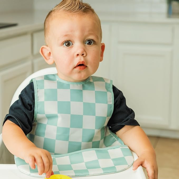 Tiny Twinkle Mess Proof Baby Bib - Waterproof & Lightweight Baby-Led Weaning Apron | 100% Recycled Polyester, Easy Clean & Machine Washable (Green Checkers, Large 2-4 Years)-BubblyBeeBaby