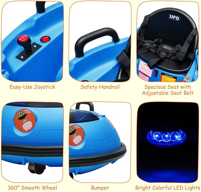 12V Electric Ride on Bumper Car for Toddlers, Kids Bumper Car with Remote Control, LED Lights & 360 Degree Spin, Indoor and Outdoor for 18+ Months Kids (Blue)-BubblyBeeBaby