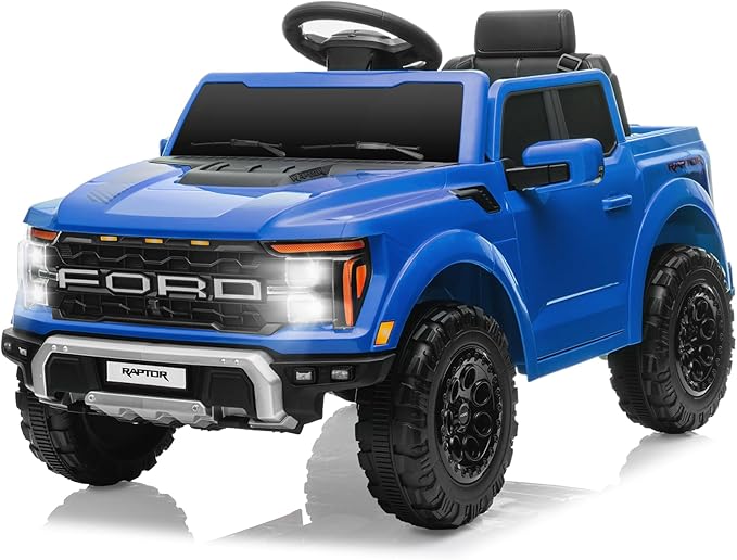 12V Ride on Car Licensed Ford F-150 Raptor, Kids Electric Car with Remote Control, LED Light/Music/MP3, Truck Bed Storage, 3-Point Seat Belt (12V, Blue)-BubblyBeeBaby