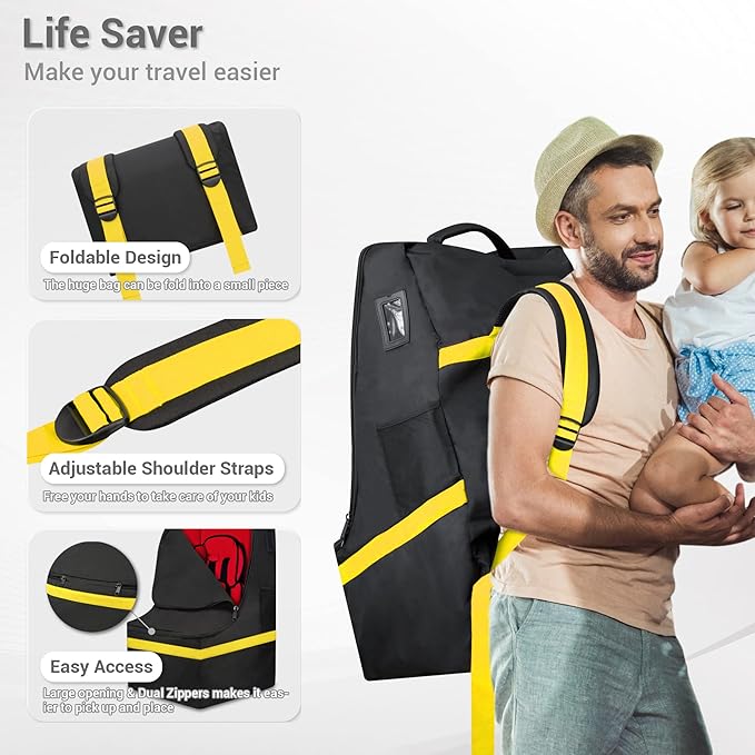 Car Seat Travel Bag - Padded, Comfortable, Durable, Roomy Gate Check Carseat Cover Backpack Fits 3-in-1，Convertible, Booster & Infant Car Seats for Airplane, Airport, Yellow-BubblyBeeBaby