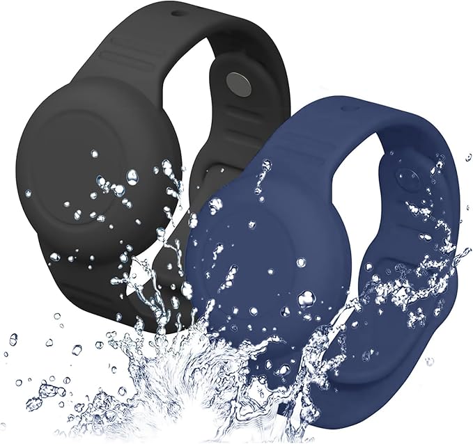 2 Pack Waterproof Airtag Wristband Kids - Anti-Lost Silicone Airtag Holder Cases for Toddler - GPS Tracker Watch Band (Black+Blue)-BubblyBeeBaby