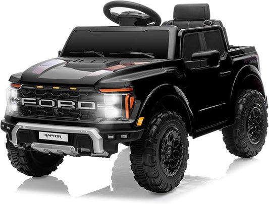 12V Ride on Car Licensed Ford F-150 Raptor, Kids Electric Car with Remote Control, LED Light/Music/MP3, Truck Bed Storage, 3-Point Seat Belt (12V, Black)-BubblyBeeBaby
