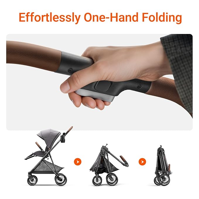 Air Lux Baby Stroller with Carbon Fiber Frame, One-Hand Fold & Reversible Seat, Magnetic 5-Pt Harness, Car Seat Adapter, 15.8lbs, Cinder-BubblyBeeBaby