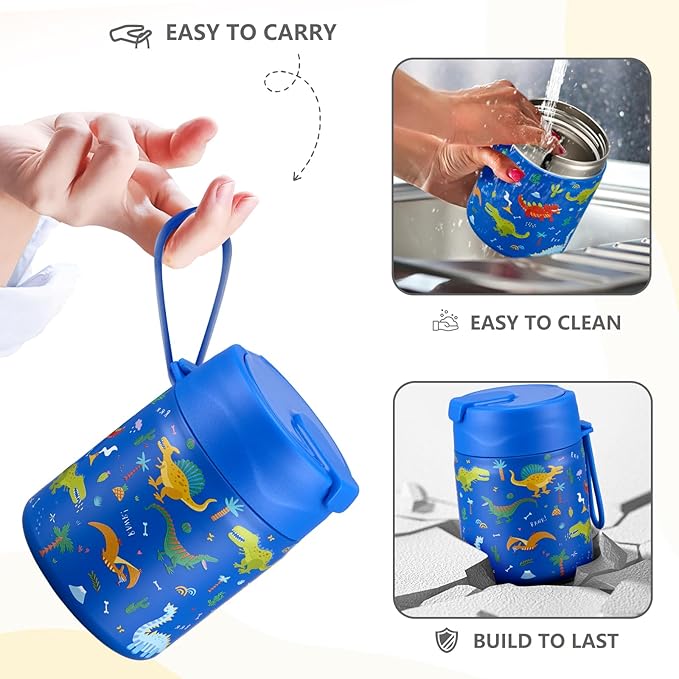 17oz Soup Thermo for Hot Food Kids Insulated Vacuum Food Jar with Stainless Steel Spoon Wide Mouth Thermo Leakproof Lunch Food Container Kids Hot Lunch Box (Blue-Dinasour)-BubblyBeeBaby