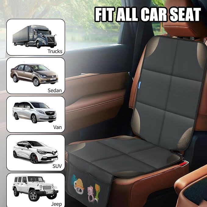 Car Seat Protector for Child Carseat, 2 Pack Protect Car Seats Cover for Baby with Thickest Padding and Non-Slip Padded Backing Mesh Pockets Kids Pets Car Back Seat Protectors(Darkgrey)-BubblyBeeBaby
