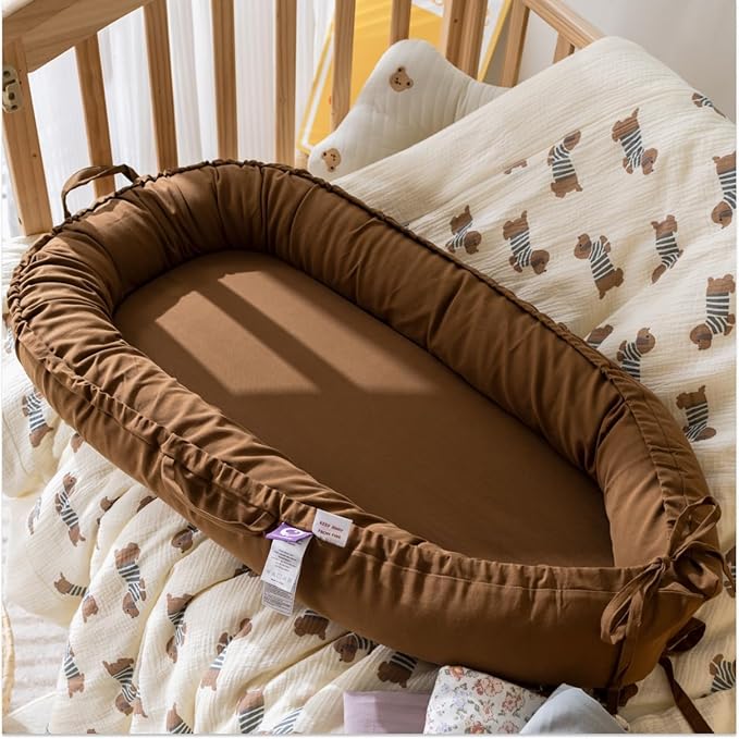 Infant Lounger, Baby Nest Cover for Baby Girls & Boys, Newborn Essentials for Baby 0-18+ Months, 100% Cotton Breathable (Brown, Cotton)-BubblyBeeBaby