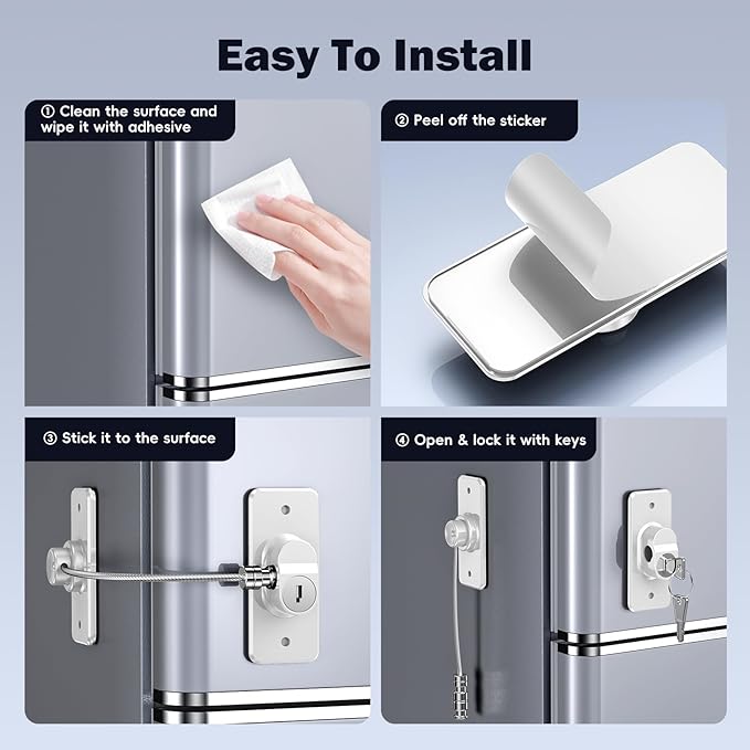 2 Pack Refrigerator Door Lock with Adhesive, No Tools Required, Child Proof Fridge Door Lock for Kids and Pets, Self Adhesive Latch for Freezer, Cabinets, Drawers, Air Oven, Windows (Patent)-BubblyBeeBaby