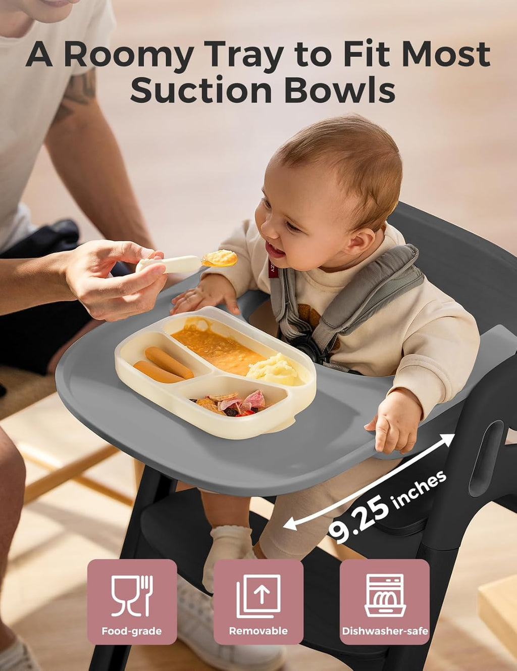 Momcozy DinerPal Wooden High Chair for Babies, Toddlers & Adults Up to 308 Lbs, Convertible Baby Highchair with Food-Grade Tray, Dishwasher-Safe, Adjustable & Ergonomic, Midnight Black