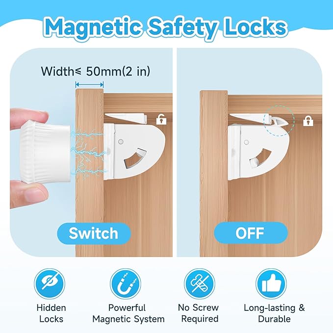 22 Pack Magnetic Cabinet Locks for Child Safety, Drawer Locks Baby Proofing, Magnetic Door Safety Locks for Cabinets and Drawers, Easy Installation No Tools Required (22 Pack and 4 Keys)-BubblyBeeBaby