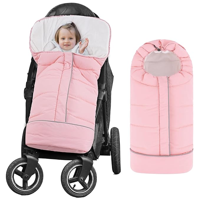 Yoofoss Stroller Cover for Winter, Toddler Stroller Footmuff Universal for Most Stroller, Water Resistant Warm Coral Baby Stroller Bunting Sleeping Bag Pink-BubblyBeeBaby