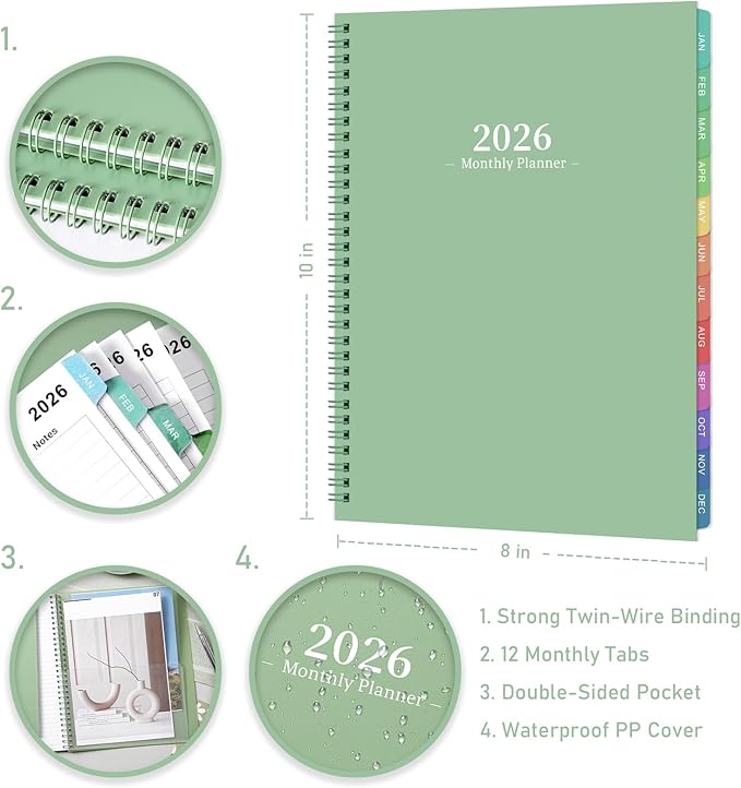 2026 Monthly Planner/Calendar - 2026 Planner, JAN 2026- DEC 2026, Planners with Colorful Tabs, Monthly Planners 2026 for Daily Organizing - Waterproof Cover (8" x10", Note Pages, Green)-BubblyBeeBaby