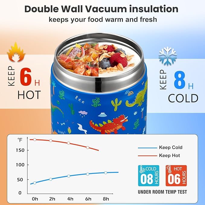 17oz Soup Thermo for Hot Food Kids,Insulated Food Jar with Spoon,Thermo Hot Food Lunch Container,Wide Mouth Leakproof Stainless Steel Lunch Box for School-Dinosaur-BubblyBeeBaby