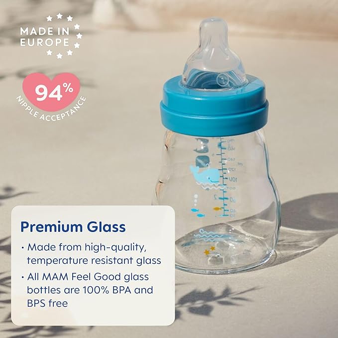 MAM Premium Glass Baby Bottles, Easy Switch Between Breast and Bottle, Feel Good Medium Flow, Newborn Essentials Must Have, 2+ Months, BPA Free, 9oz, Boy, 3pack-BubblyBeeBaby