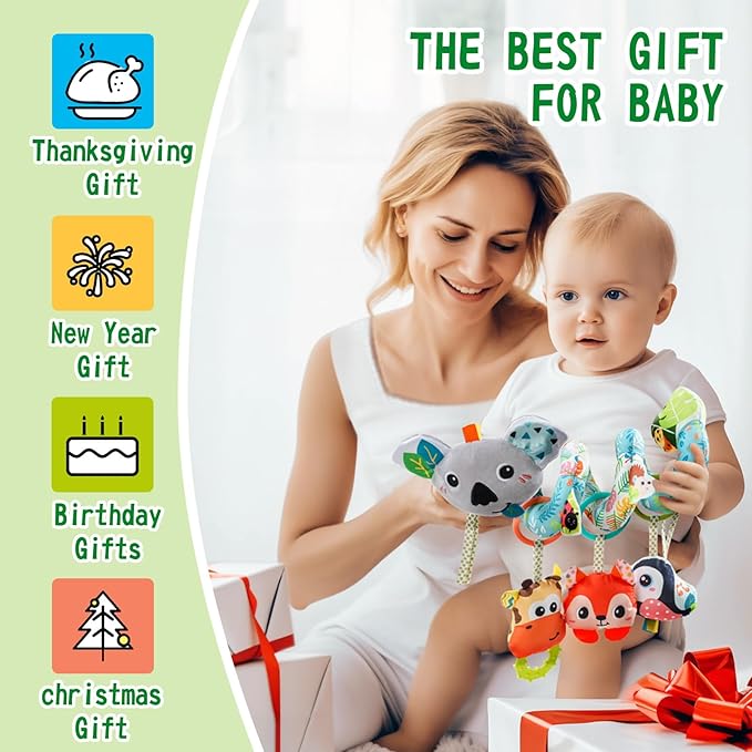 Jollybaby Crib Stroller Car Seat Toys for Baby 0-3-6-9-12 Months, Tummy Time Hanging Sensory Toys for Newborn with Music Box and Teether, Spiral Carseat Toy for Infant Boys Girls Gifts (Grey)-BubblyBeeBaby