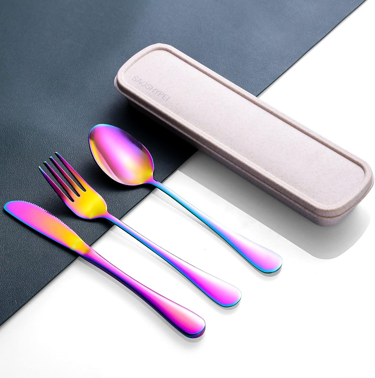 Portable Utensils Set with Case, 4pcs Stainless Steel Reusable Silverware for Lunch Camping School Picnic Workplace Travel, Lunch Box Includ Fork Spoon Knife,Easy to clean,Dishwasher Safe(Rainbow)