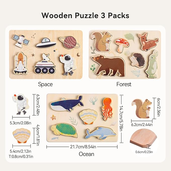 IEATFO 3 Packs Space Ocean Forest Wooden Chunky Puzzles for Toddlers, Wood Puzzle for Kids, Insert Puzzles Each Piece Fits Perfectly, Sturdy and Pegless, Educational Toys-BubblyBeeBaby