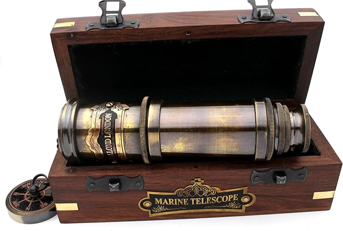 14 Inch Vintage Nautical Brass Telescope with Wood Box – Handheld Spyglass for Marine, Pirate, and Captain Use-BubblyBeeBaby
