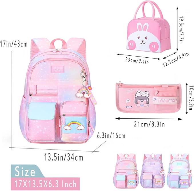 Kawaii Backpack, Pink Backpack for Girls, Kid Starry Rainbow Bookbag, Cute Backpack for Kids, Aesthetic Backpack, Pink(3 PCS Set)-BubblyBeeBaby