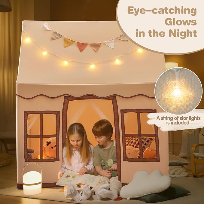 INFANS Kids Play Tent with Washable Mat Star Light Windows, Anti-Trip Large Playhouse Toys for Children Boys Girls, Indoor Outdoor Princess Tents Castle for Toddlers (Beige)-BubblyBeeBaby