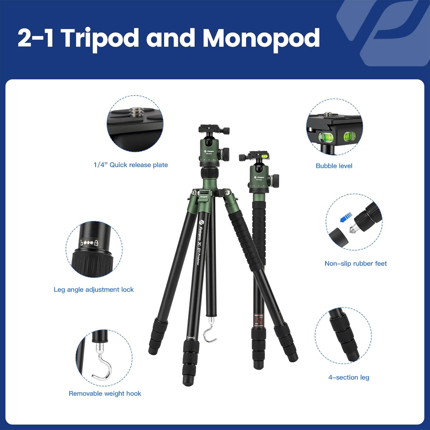 Fotopro 68" Camera Tripod for DSLR, Heavy Duty Compact Travel Tripod with Ball Head, Detachable Monopod with Quick Release Plate and Bag, Load up to 12KG/26.5lbs, Green