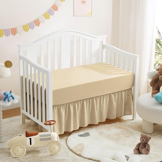 Horbaunal 2 Pack Set Crib Skirt & Crib Bed Sheet, Khaki Crib Bed Skirt 28" x 52" with 14" Drop Dust Ruffle, Soft Microfiber Toddler Bedskirt Nursery Bedding Skirt for Baby Girls and Boys-BubblyBeeBaby