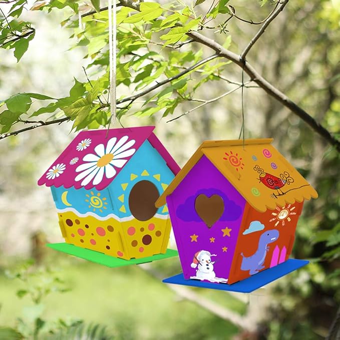 hapray 2 Pack Bird House Kit, DIY Birdhouse Kits, Wooden Crafts Arts for Children to Build and Paint (Includes Paints & Brushes) for Kids Girls Boys Toddlers Gifts Christmas-BubblyBeeBaby