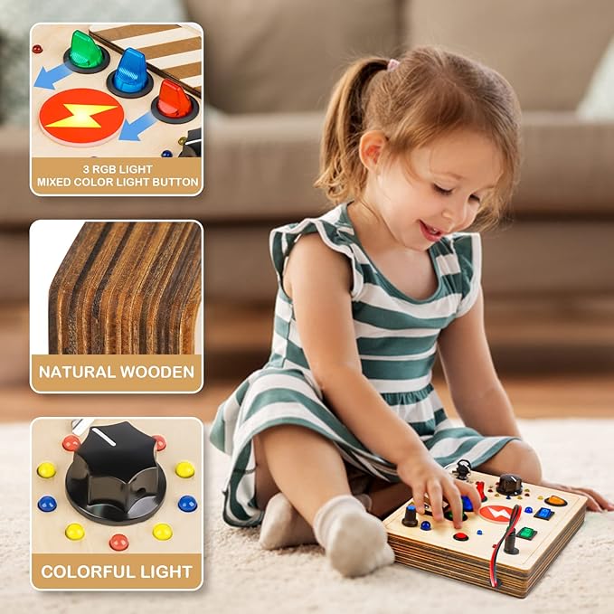 Joyreal Montessori Busy Board Wooden Sensory Toys for Toddler with LED Light Up Switch, Baby Fidget Board Travel Toys for 18+ Months, 1 2 3 Year Old Boys Girls Toddler Toy Gifts (Mixed Lights)-BubblyBeeBaby