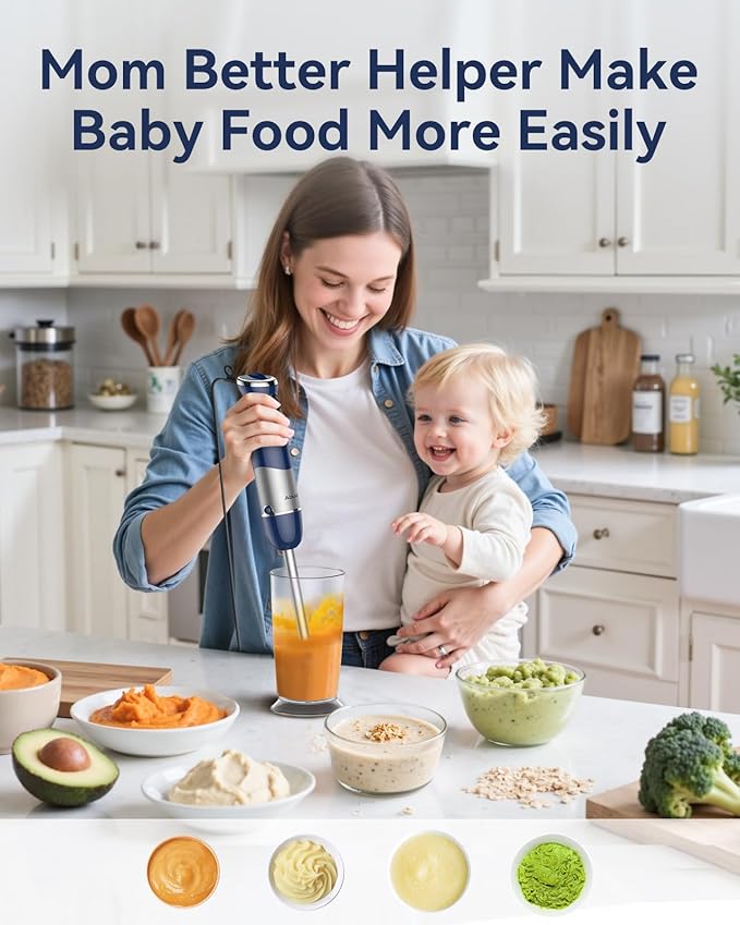 Immersion Blender Handheld 1000W 5 in 1 Corded Stick Hand Blender Kitchen with 12 Speed, BPA-Free, Mixing Beaker, Chopper, Whisk, Milk Frother, Perfect Emulsifier for Soup, Baby Food, Sauce, Puree-BubblyBeeBaby