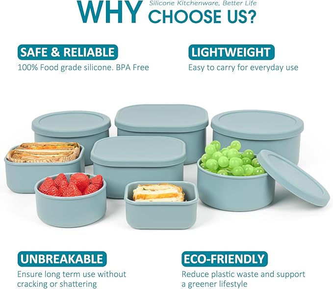 100% Silicone Food Storage Containers with Lids, 8 Pack, 10oz to 51oz, Reusable Leakproof Nesting & Stackable Silicone Bento Lunch Box, Microwave Freezer Dishwasher Oven Safe, BPA Free, Slate Green-BubblyBeeBaby