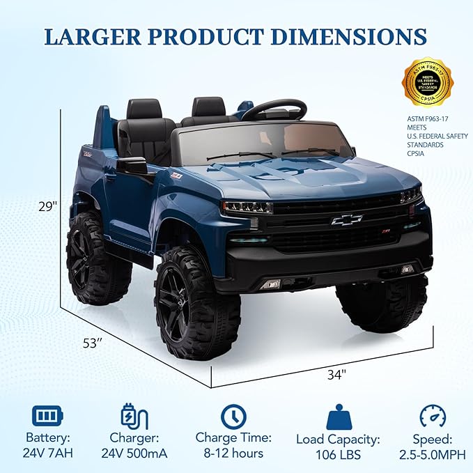 Hetoy 24V 2-Seater Truck Licensed Chevrolet Silverado Ride On Car Toy w/Parent Remote Control,4xSpring Suspension, 3 Speeds, Wireless Music, MP3 Player, Electric Vehicle Car for Kids, Blue-BubblyBeeBaby