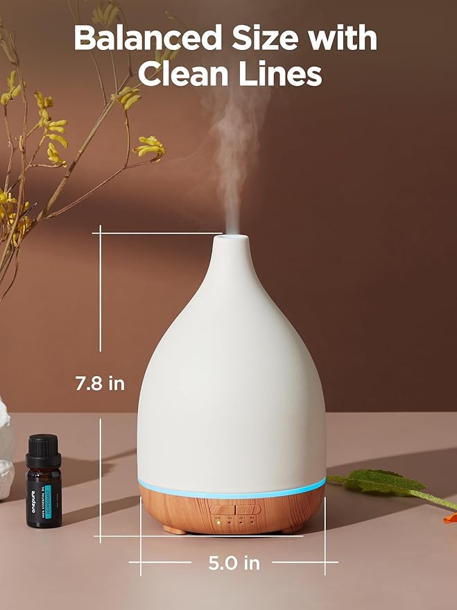 InnoGear Oil Diffuser, 300ML Ceramic Diffuser for Essential Oils Handcrafted Aromatherapy Diffuser Ultrasonic Cool Mist Humidifier with 4 Timers Waterless Auto Off for Room Office, White-BubblyBeeBaby