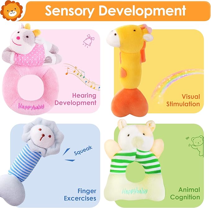 iPlay, iLearn Baby Toys 3 6 12 Month Newborn Gift, Infant Soft Jungle Stuffed Animal Rattle Plush Barn, First Birthday Basket Shower Stuffer, Boy Girl Sensory Hand Development Toy 2 4 7 9M 1 Yr-Jungle-BubblyBeeBaby