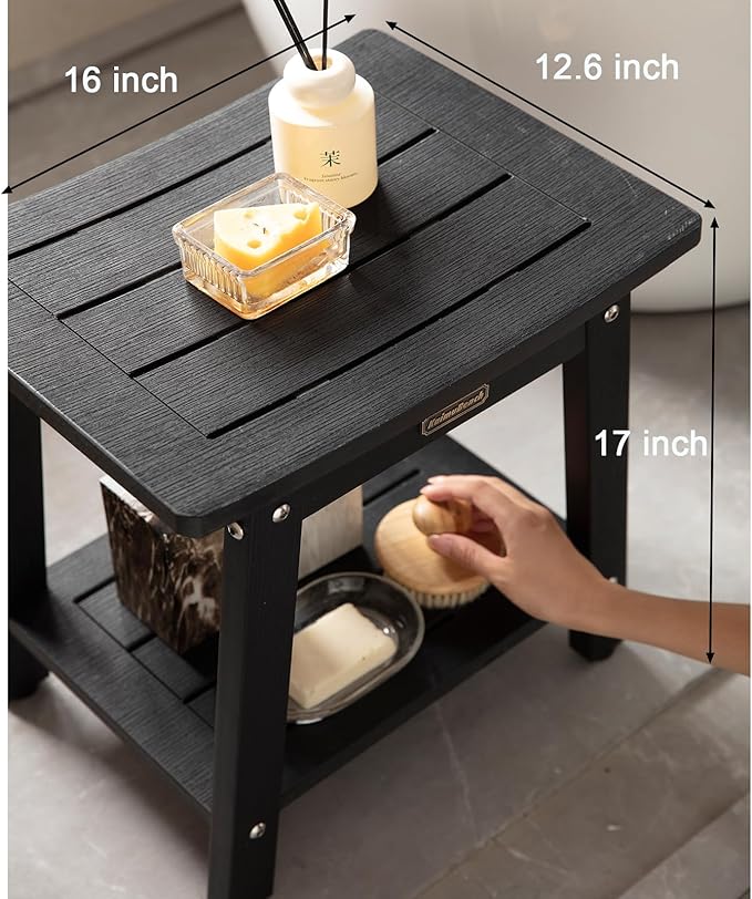 HDPS Shower Stool Waterproof, Bench Seat for Shaving Legs, Plastic Chair for Inside Shower, Foot Rest With Adjustable Feet, Non-Slip/No Maintenance, Black-BubblyBeeBaby