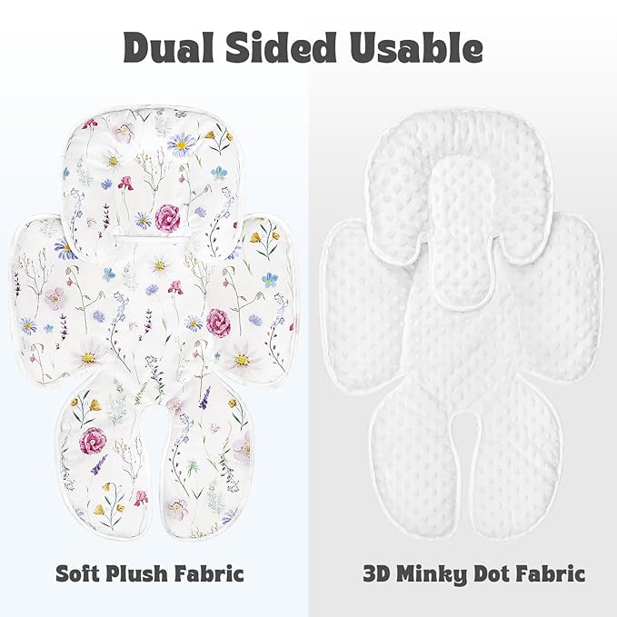 Pea Pod Infant Car Seat Pad 2-in-1 Baby Car Seat Head & Body Support for Newborn Girl Reversible 3 Layer Warm Preemie Carseat Stroller Cushion Headrest with Soft Minky Dot Fabric, Wildflower-BubblyBeeBaby