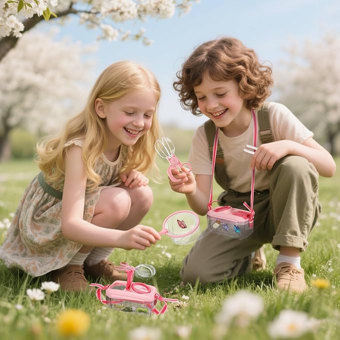 2 Set Bug Catcher for Kids- Educational Bug Catching Kit Including Butterfly Net, Insect Clip, Tweezer, Outdoor Toys for Kids Ages 3-10 (Pink)-BubblyBeeBaby