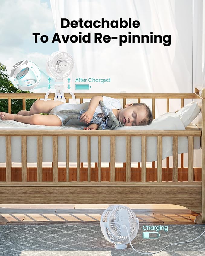 Gaiatop Mini Portable Stroller Fan, Battery Operated Small Clip on, Detachable 3 Speed Rechargeable, 360° Rotate Flexible Tripod Better Cooling for Car Seat Crib Treadmill Travel White-BubblyBeeBaby