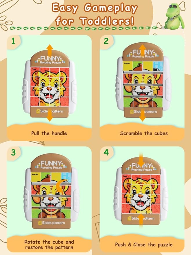 16-Piece Rotating Puzzles for Kids 4-6, Toddlers Puzzles 2-4, Road Trip, Airplane Activities Game, Travel Toys - Brain Teaser, Fine Motor Skills - Birthday Gifts Boys & Girls - Animals-BubblyBeeBaby