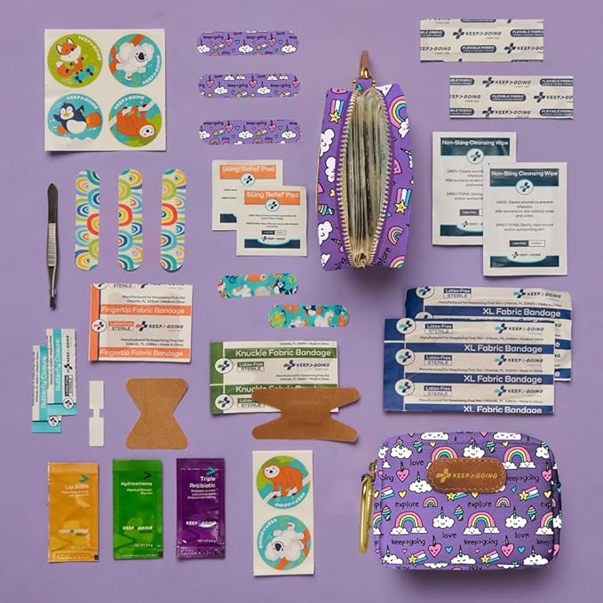 KeepGoing Small Travel First Aid Kit Kids – 60 Pc. Mini First Aid Kit for Purse, Diaper Bag, & Backpack with Latex-Free Bandages – 4 Oz., & 4.5 x 3.5 x 2 in, TSA-Approved-BubblyBeeBaby