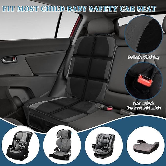 Car Seat Protector for Child Car Seat, 2 Pack Baby Car Seat Covers with Mesh Pockets & Non-Slip Backing 600D Durable Seat Protector Under Baby Car Seat for Car Back Seat (Black, Large)-BubblyBeeBaby
