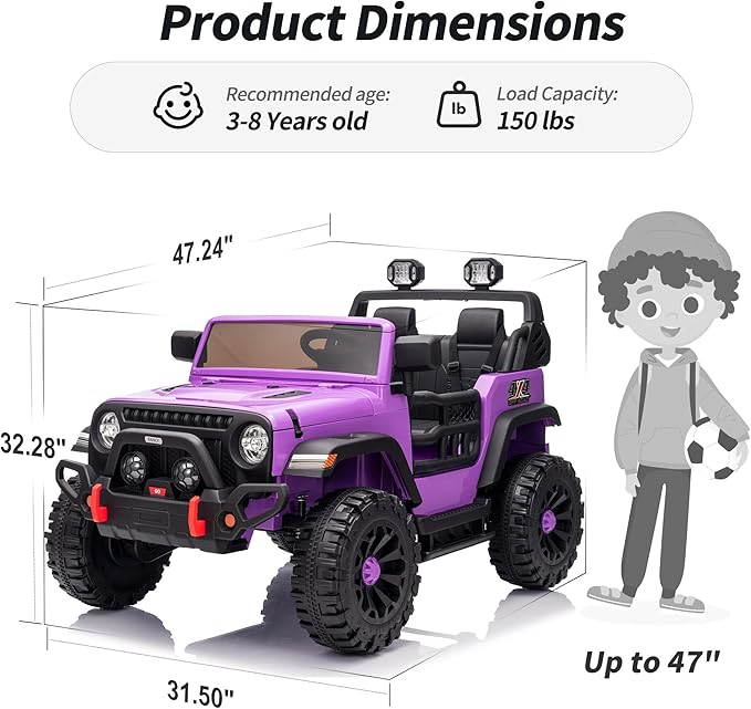 2 Seater Ride on Toy Car for Kids, 24V 4x4 Ride-on Truck Kids Electric Car w/Remote Control, 4x200W Motors - Purple-BubblyBeeBaby