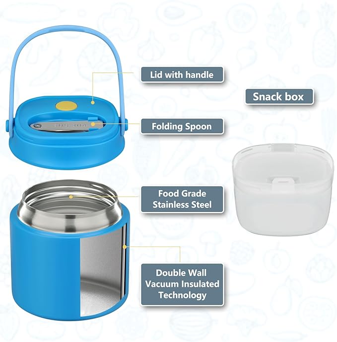 2 - in - 1 Soup Thermo for Hot Food 14oz with Snack Box Container Leak Proof Insulated Lunch Container Kids and Adults Stainless Steel Double Wall Vacuum Wide-mouth Thermal with Spoon and Handle-BubblyBeeBaby
