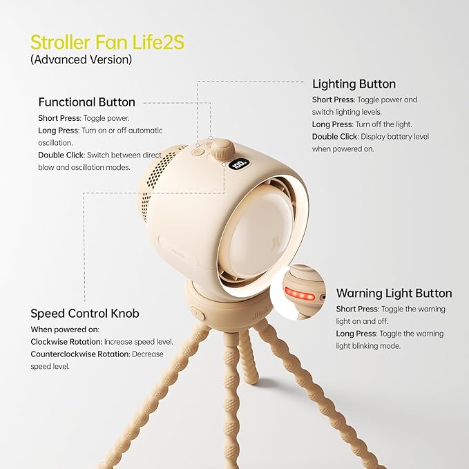 JISULIFE Stroller Fan Baby Large, Safe Bladeless for Crib, Desk, Portable Battery Rechargeable Cooling Fan with Air Turbo Tech, Night Light, Food-Grade Gift for Mom/Dad/Friend - Brown-BubblyBeeBaby