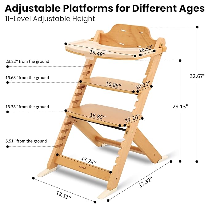 High Chair for Babies and Toddlers, Wooden Highchair with Adjustable Seat & Convertible Footrest Heights, Baby Feeding Chair with Safety Harness & Removable Double Layer Tray-BubblyBeeBaby