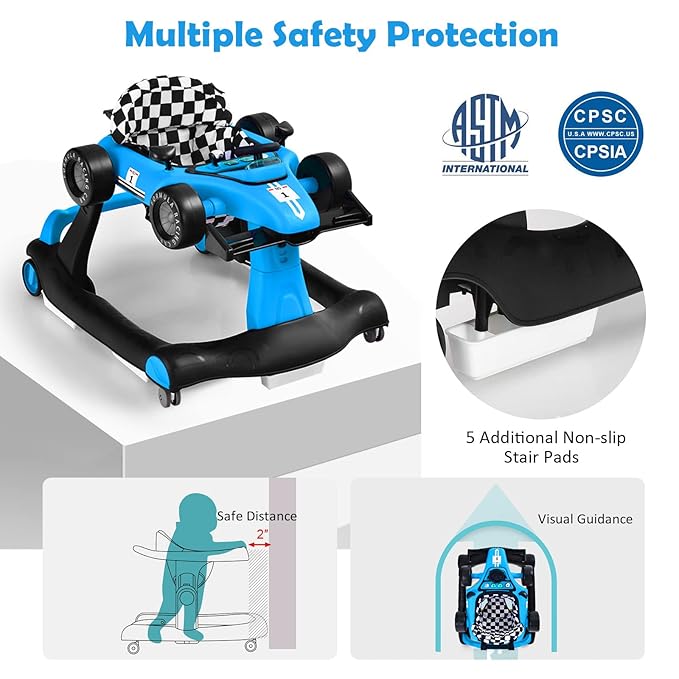 HONEY JOY 4-in-1 Baby Walker, Activity Push Walker w/3 Adjustable Heights, Smooth Wheels w/Adjustable Speed, Padded Seat, Music & Light, Foldable Car Walker for Baby Boys Girls Age 6 Months+ (Blue)-BubblyBeeBaby