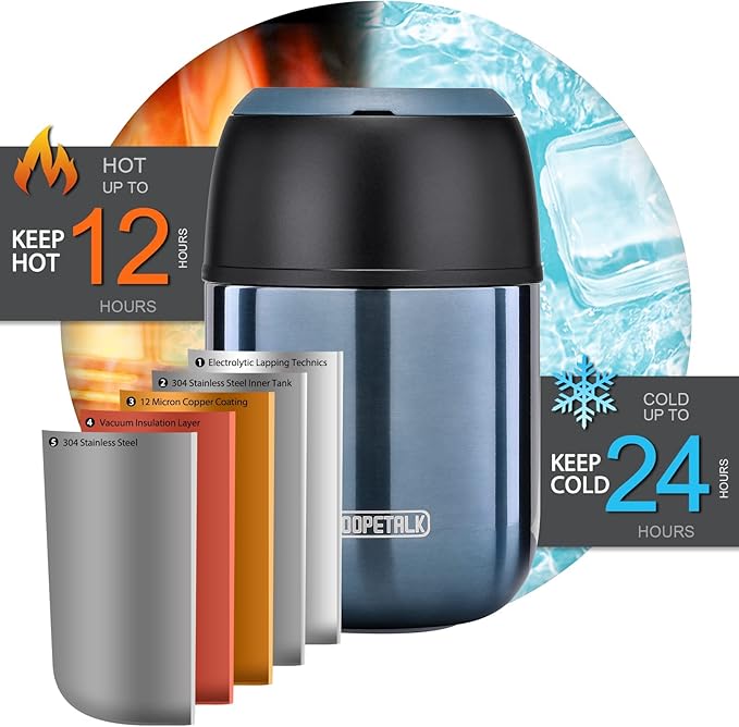 17 oz Insulated Lunch Containers, Blue, Vacuum Stainless Steel Thermo Lunch Box with Handle and Folding Spoon for School, Office, Travel-BubblyBeeBaby