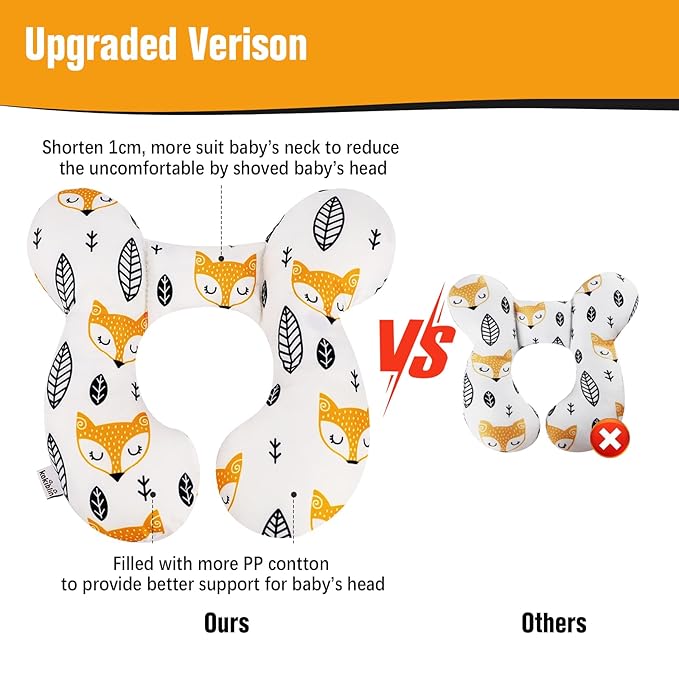 KAKIBLIN Baby Neck Pillow, Upgraded Baby Support Pillow for Head and Neck, Babies Head Pillow for Car Seat,Pushchair,Travel(Yellow Fox)-BubblyBeeBaby