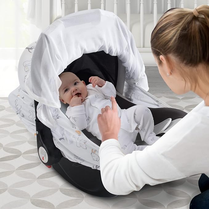 Baby Car Seat Cover, Soft Sun Shade Cover, Breathable Comfortable Privacy Carseat Canopy Protect for Newborn Infant Boys Girls (Animals)-BubblyBeeBaby